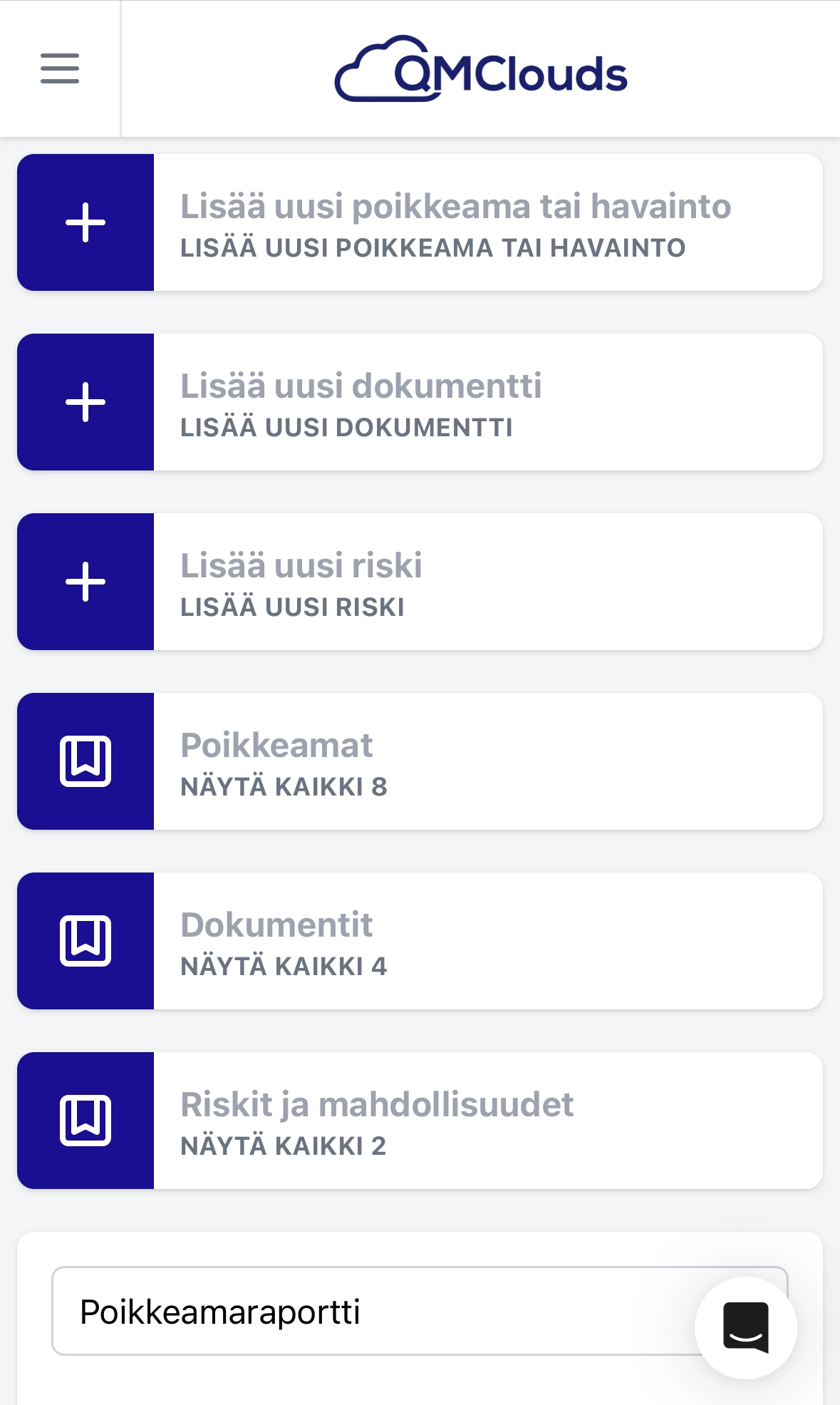Kuvankaappaus QMClouds ohjelmiston etusivusta mobiilissa