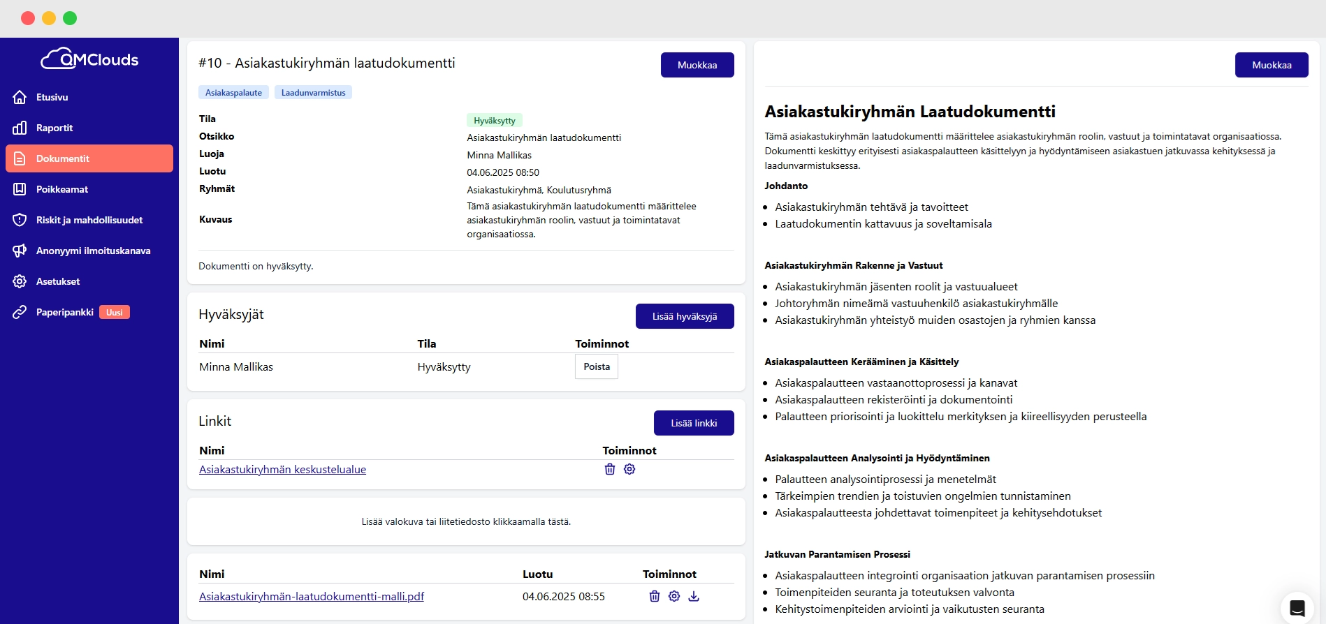 Kuvankaappaus QMClouds ohjelmiston laatudokumentista